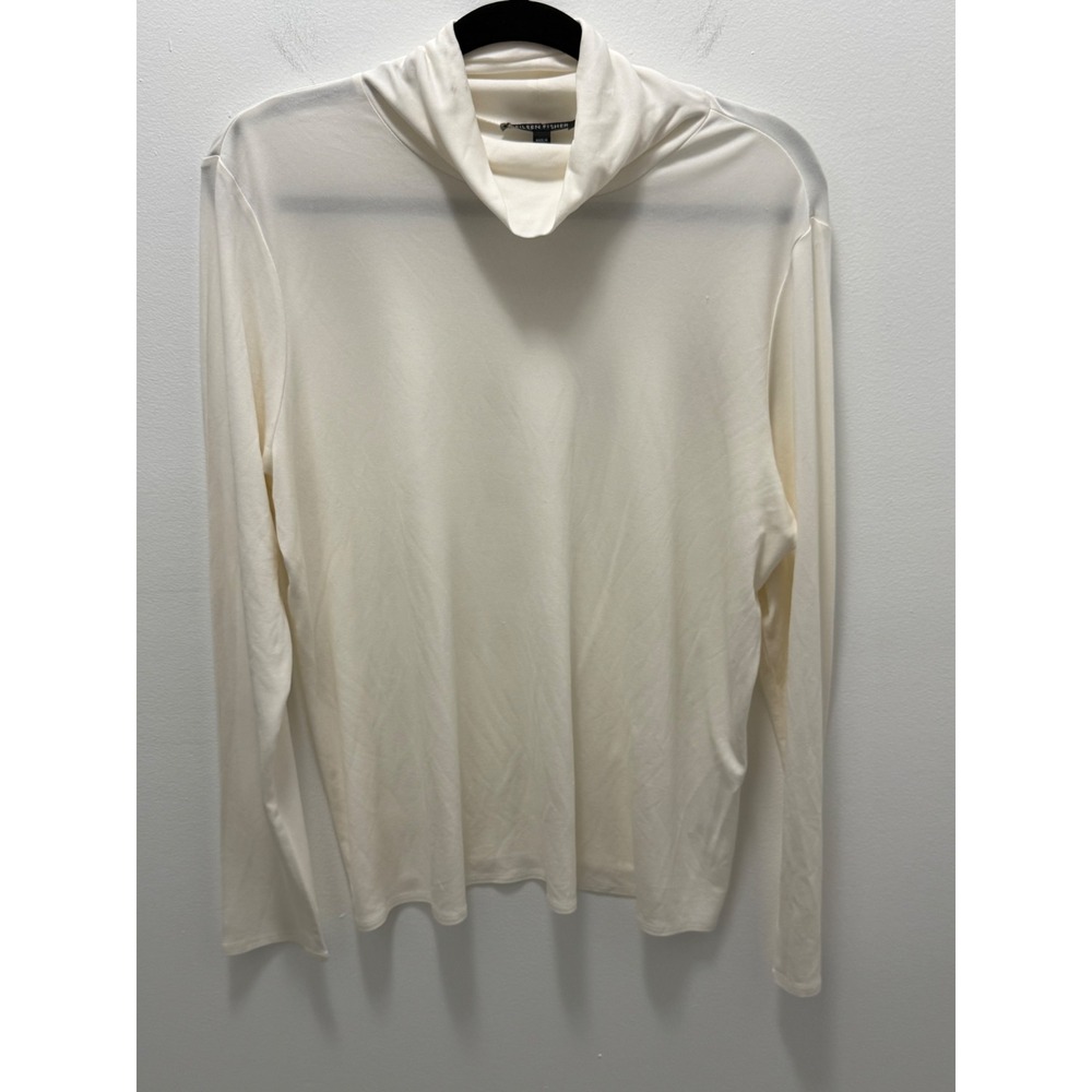 Eileen Fisher 100% Silk Funnel Neck Long Sleeve Top Cream XL